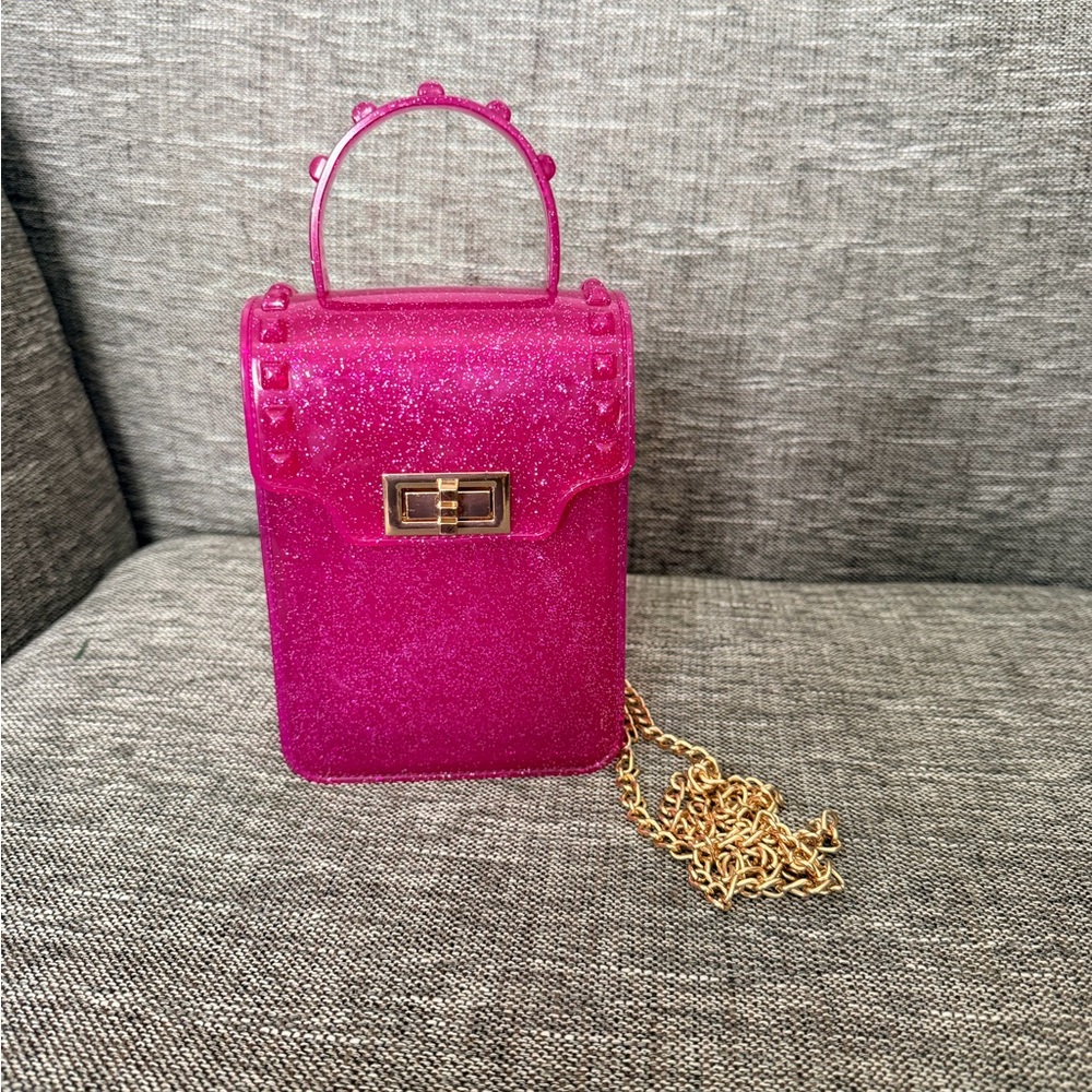 Jelly Material Pink Glitter Mini Crossbody Bag with Gold Chain